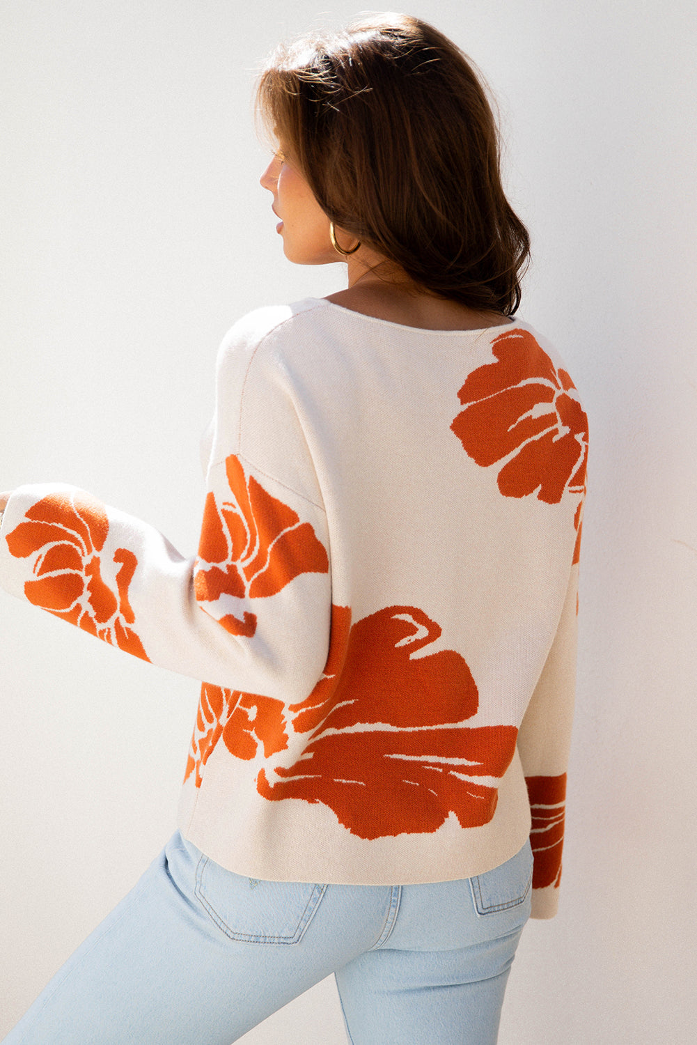 Bold Floral Pattern Wide Sleeve Oversized Sweater