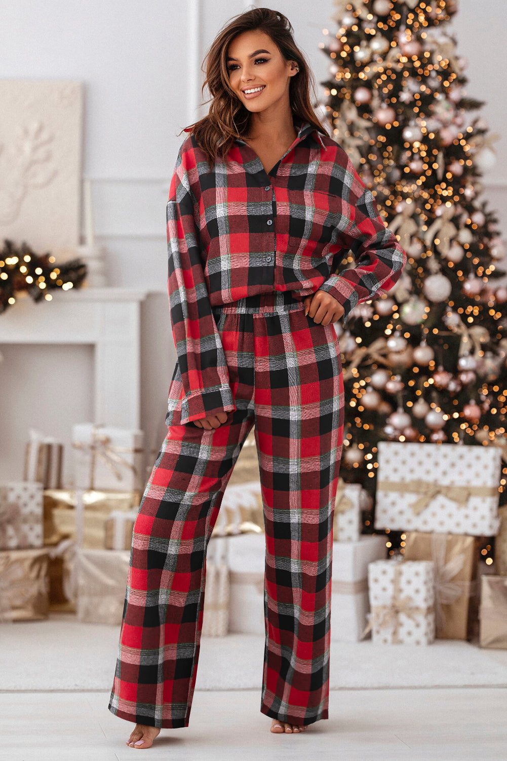 Christmas Plaid Button Up Top and High Waist Pants Set