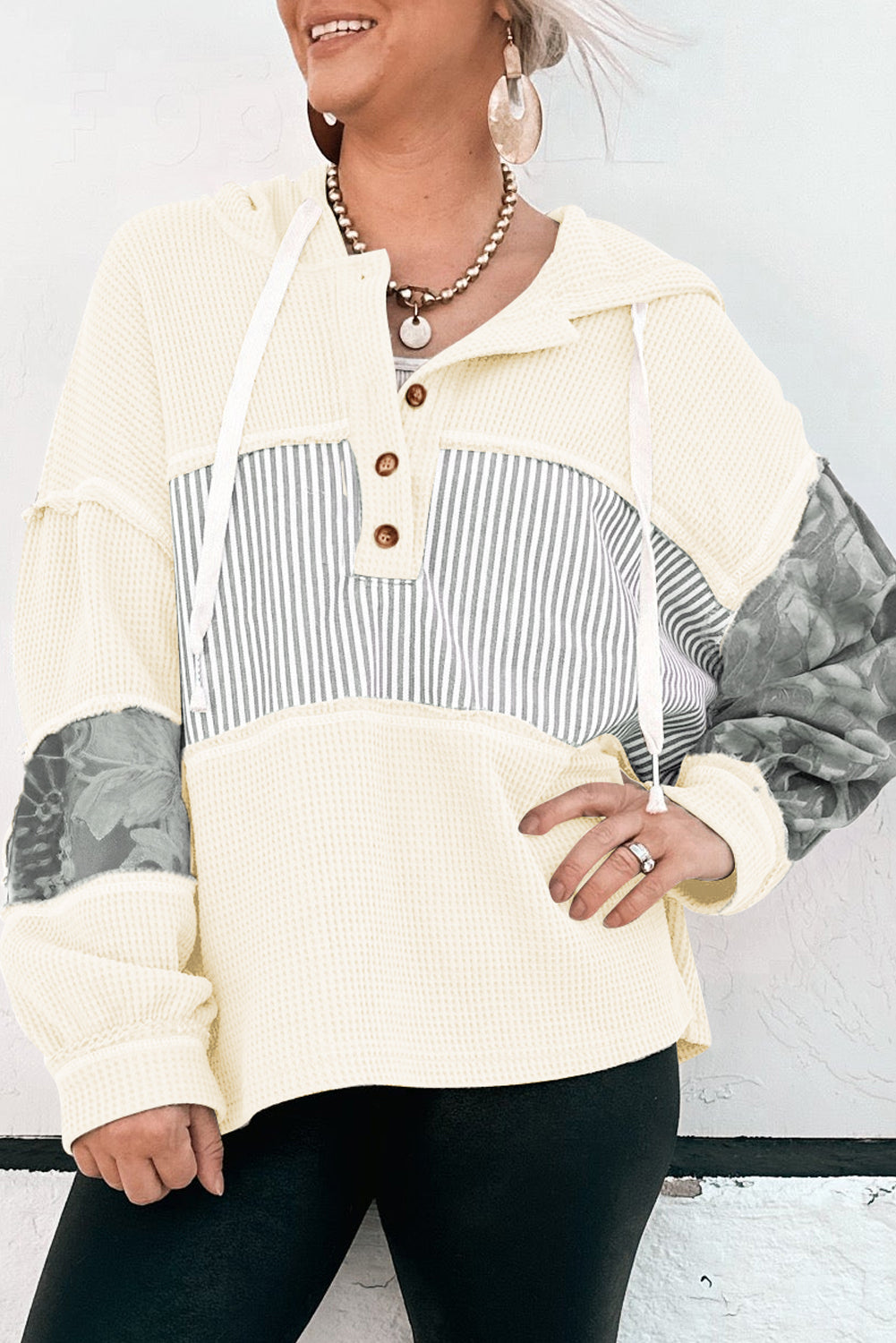Waffle Patchwork Stripe Print Hooded Long Sleeve Top