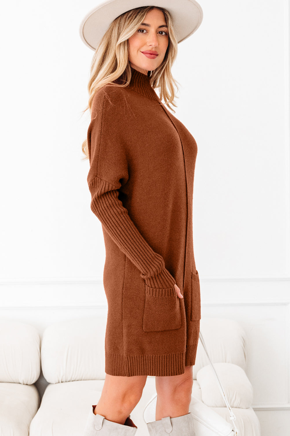 Ribbed High Neck Pocket Shift Knit Sweater Dress