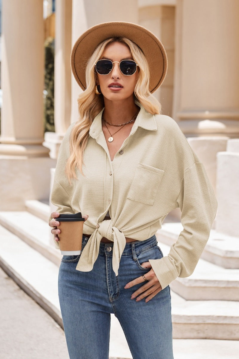 Oversized Waffle Knit Button Down Casual Shirt Top