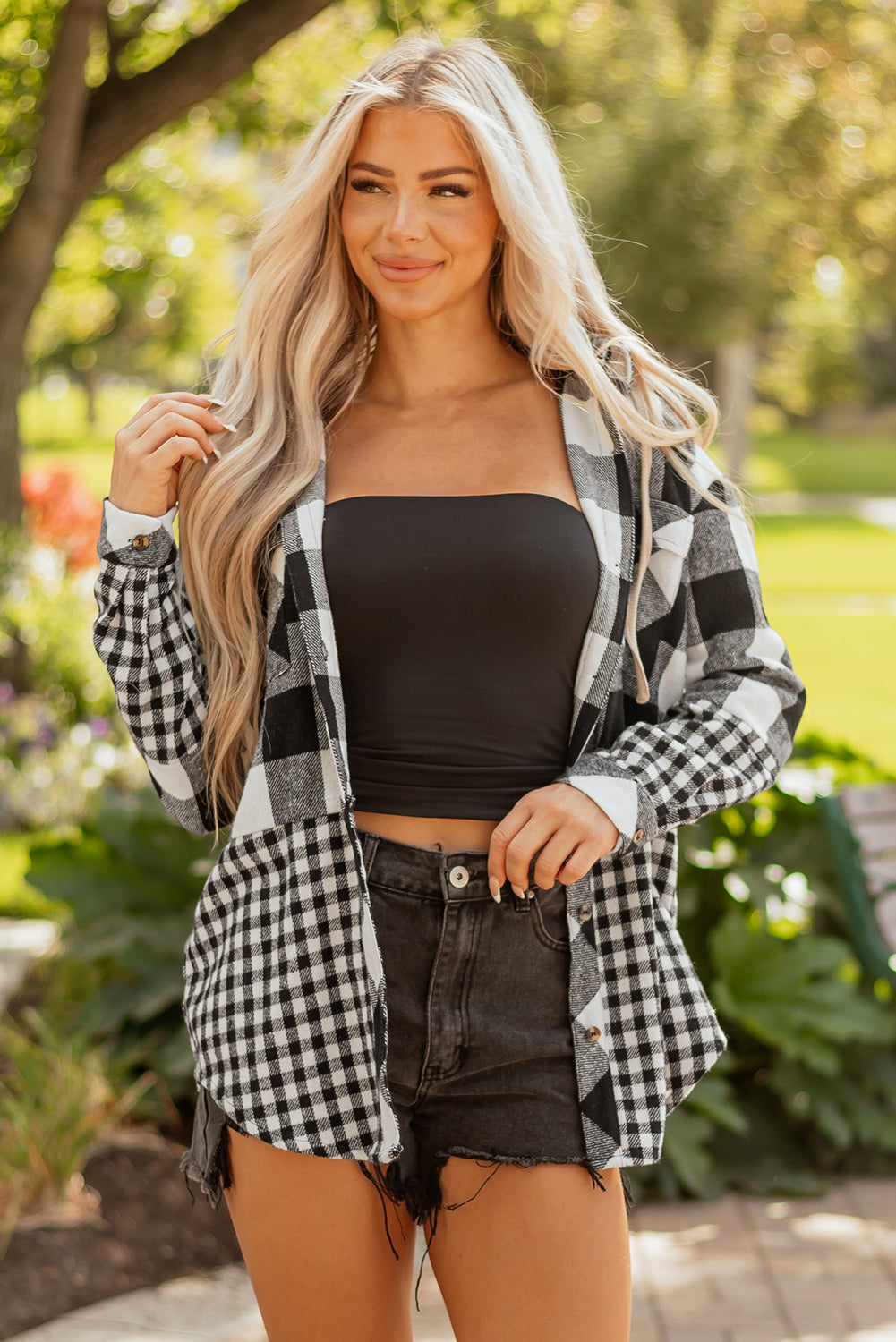Casual Plaid Hoodie Drawstring Button Shacket