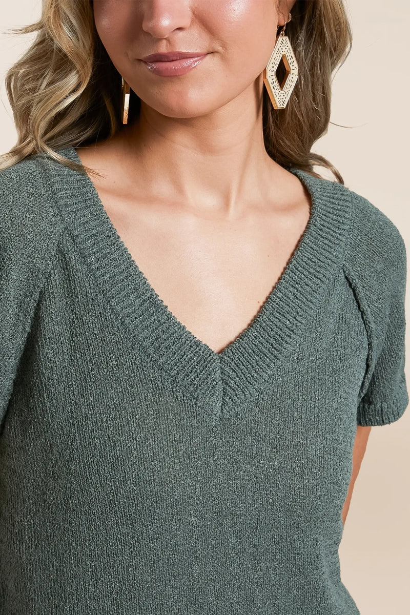 V Neck Short Sleeve Sweater Lightweight Knit Top