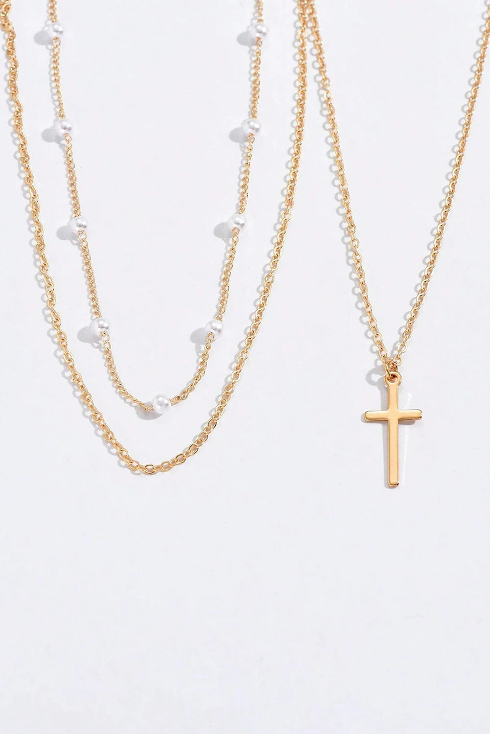 Gold Cross Pearl Layered Pendant Necklace