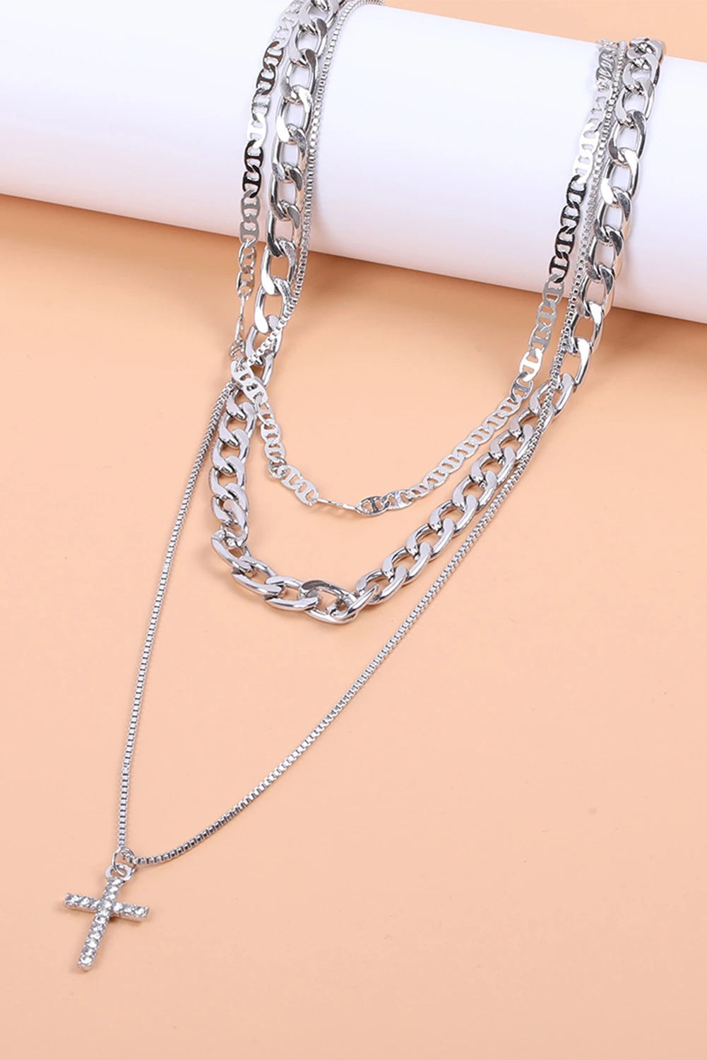 Gold Cross Rhinestone Layered Chain Necklace
