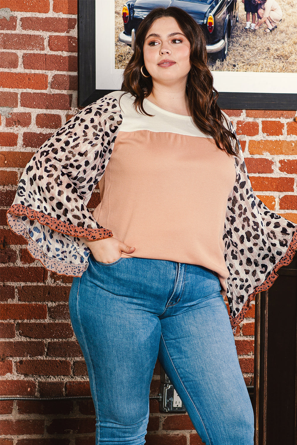 Khaki Printed Plus Ruffle Leopard Sleeve Waffled Top