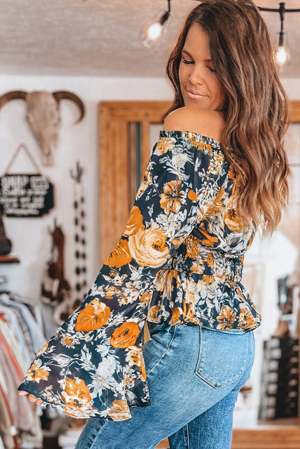 Floral Off Shoulder Bell Sleeve Smocked Peplum Top