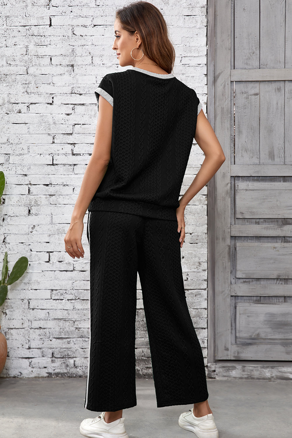 Cable Knit Contrast Trim Top and Pants Set