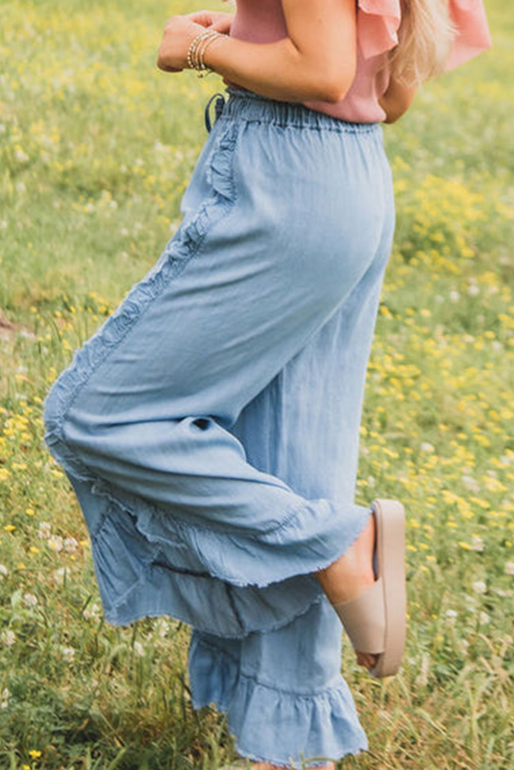 Myosotis Raw Hem Ruffled Wide Leg Jeans