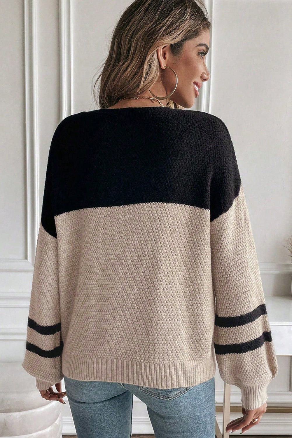 Block Knit Striped Sleeve Casual Fall Sweater