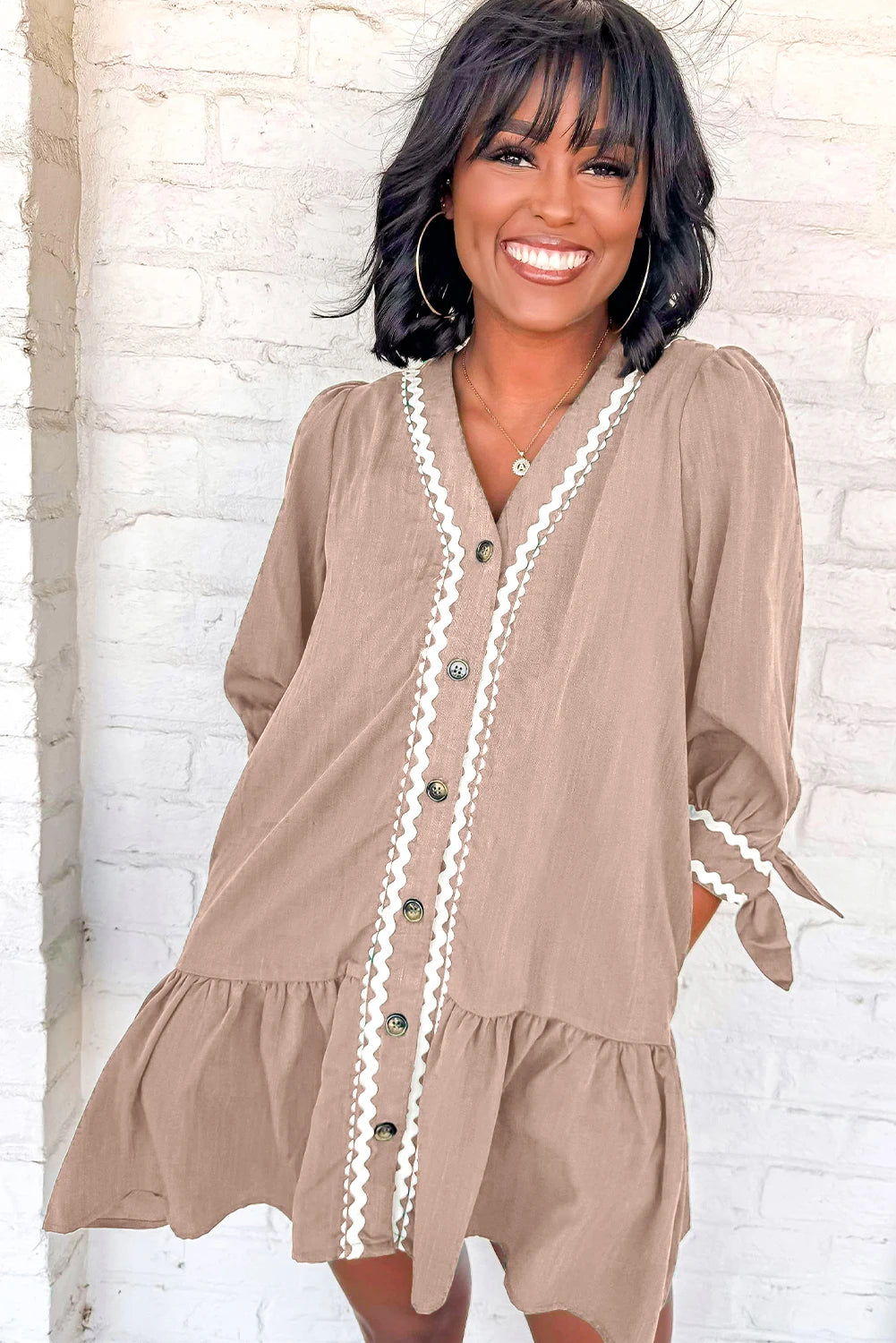 Contrast Ricrac Trim V Neck Button Shift Dress