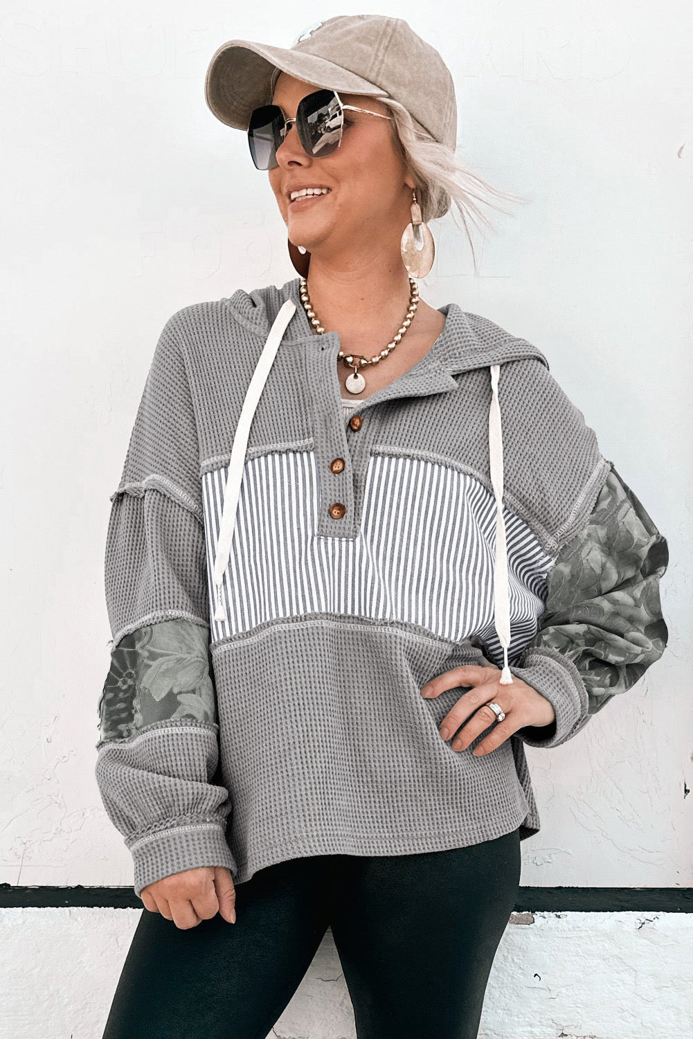 Waffle Patchwork Stripe Print Hooded Long Sleeve Top