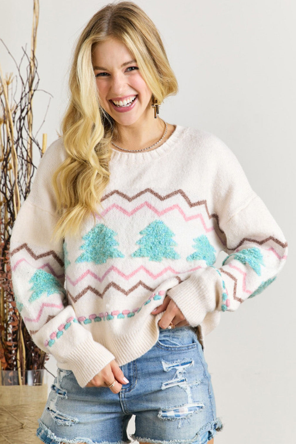 Striped Christmas Tree Ribbed Trim Drop Shoulder Sweater