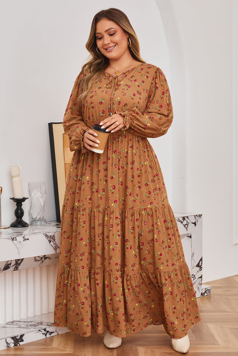 Plus Size Holiday Floral Tiered Maxi Dress