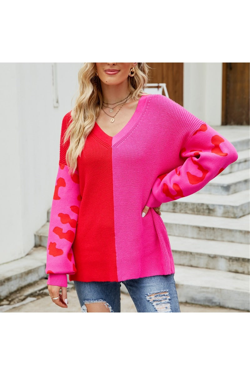 Color Block Leopard Print V Neck Sweater for Women