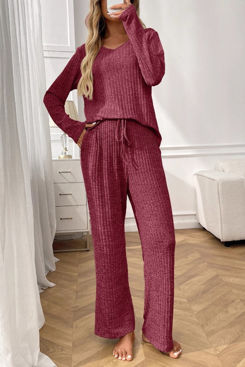 Womens Ribbed Knit Lounge Set Off Shoulder Pajama