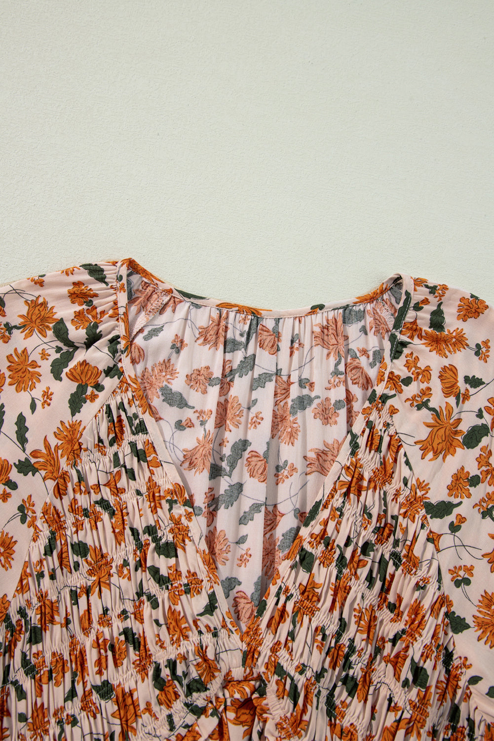 Floral V Neck Smocked Bust Bubble Sleeve Mini Dress