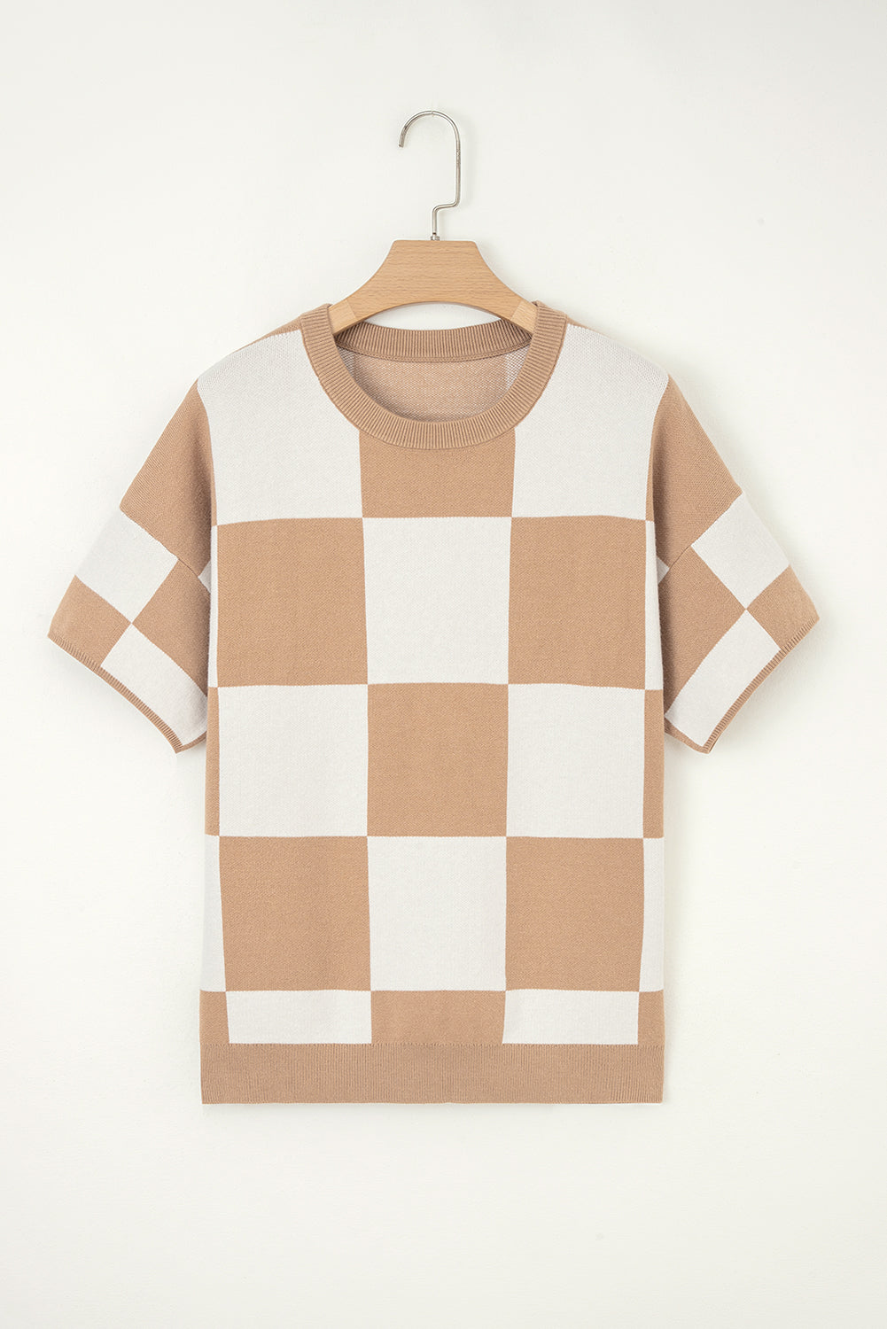 Checkered Colorblock Loose Knit Half Sleeve Sweater