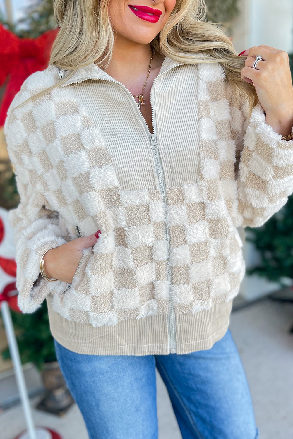 Khaki Checkered Sherpa Zip Up Jacket for Fall