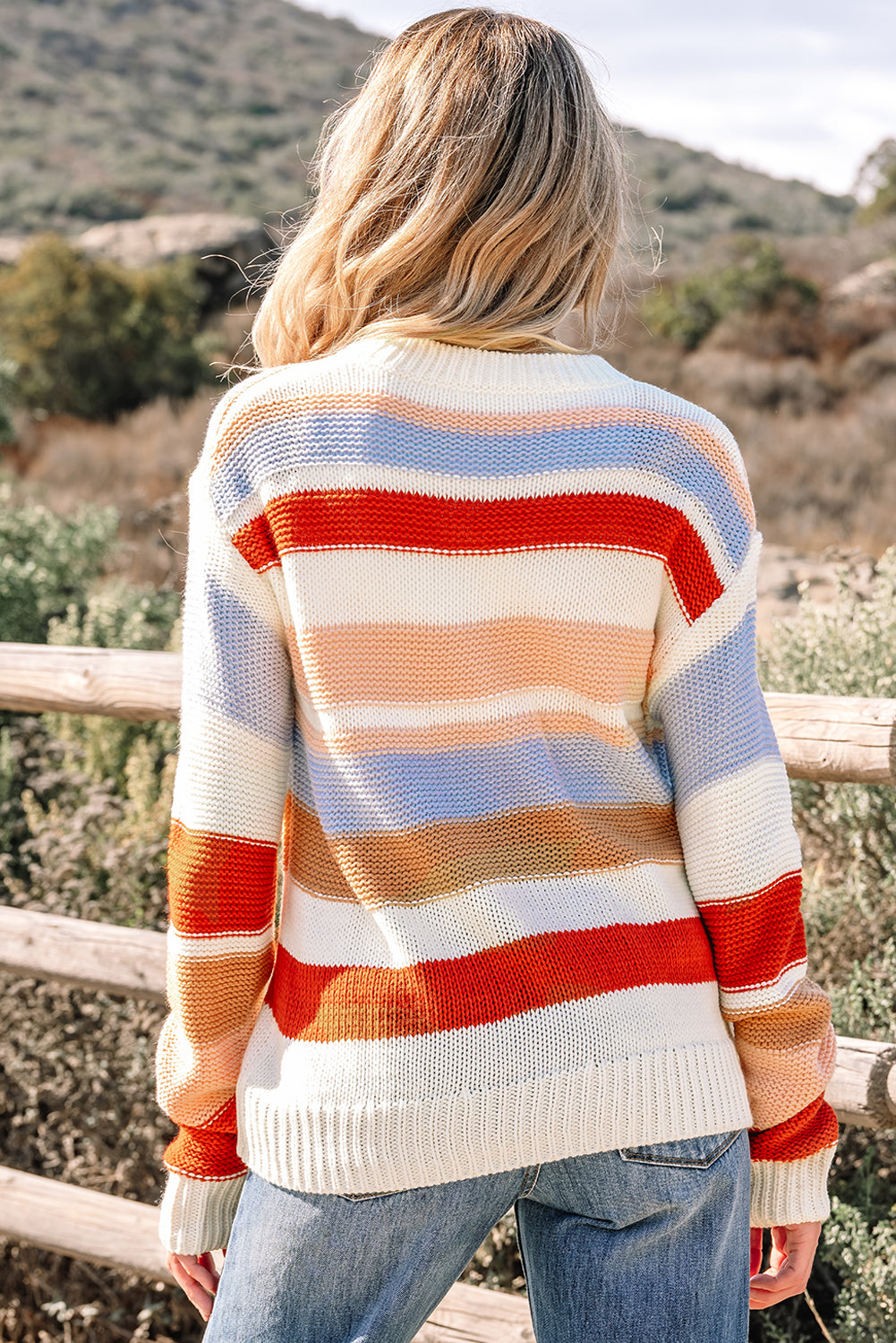Striped Colorblock Round Neck Drop Shoulder Sweater