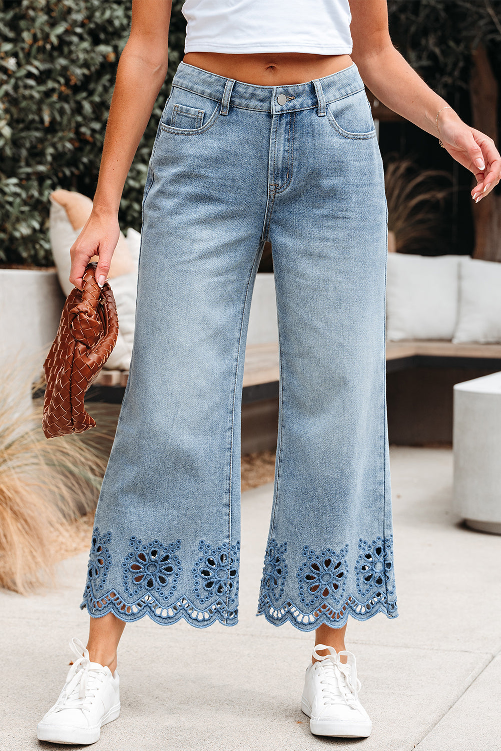 Embroidered Eyelet Wide Leg Cropped Jeans