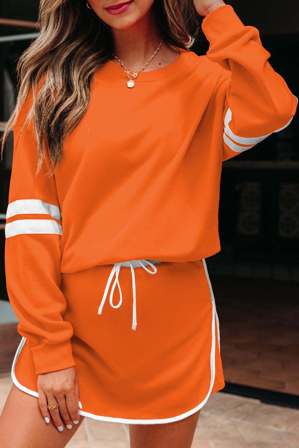 Varsity Stripe Pullover and Mini Skirt Two Piece Set