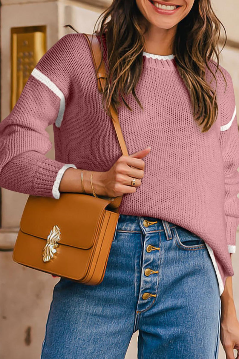 Women Color Block Crew Neck Pullover Sweater
