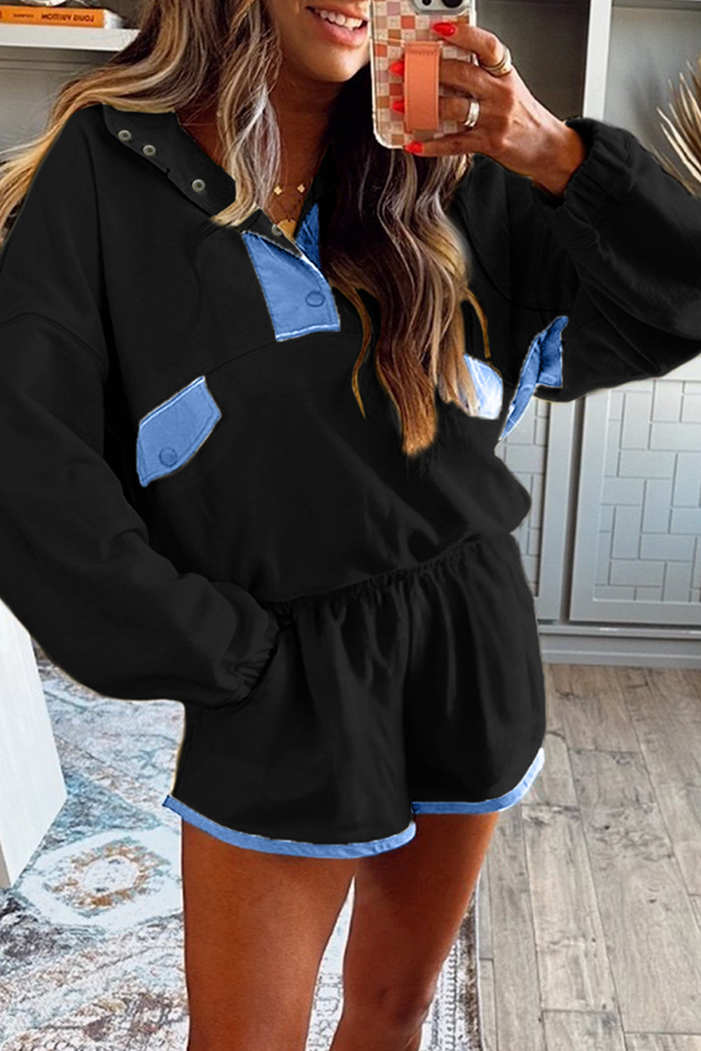 Yellow Color Block Patchwork Half Button Pullover and Shorts 2pcs Outfit