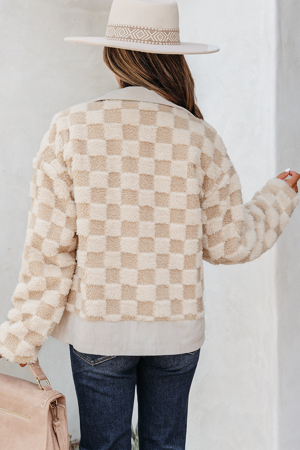 Khaki Checkered Sherpa Zip Up Jacket for Fall