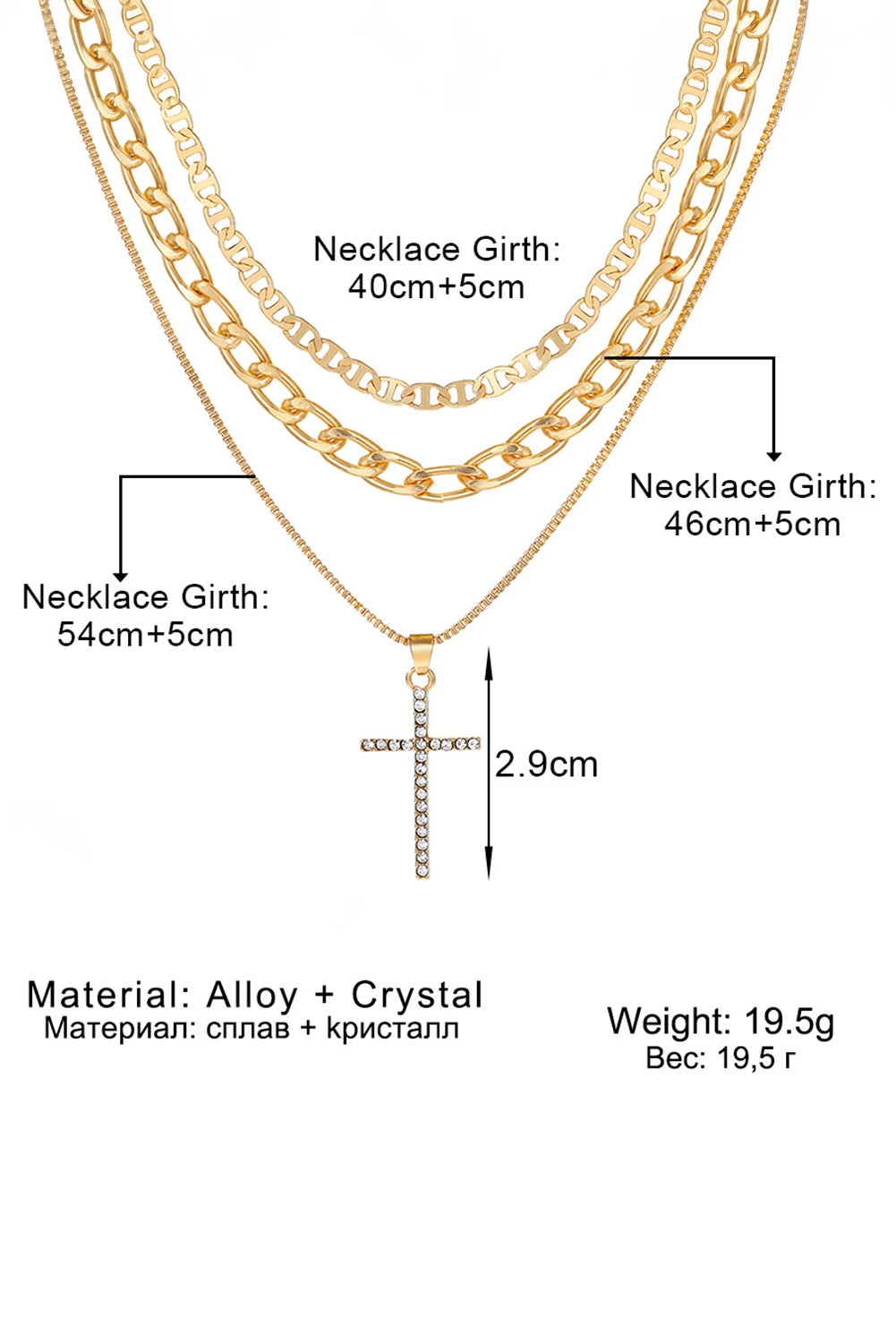 Gold Cross Rhinestone Layered Chain Necklace