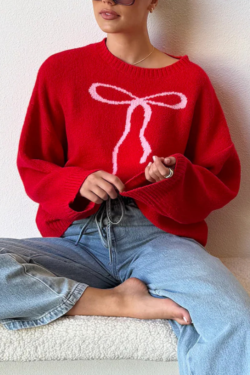 Chic Bow Tie Sweater Vintage Casual Pullover for Women