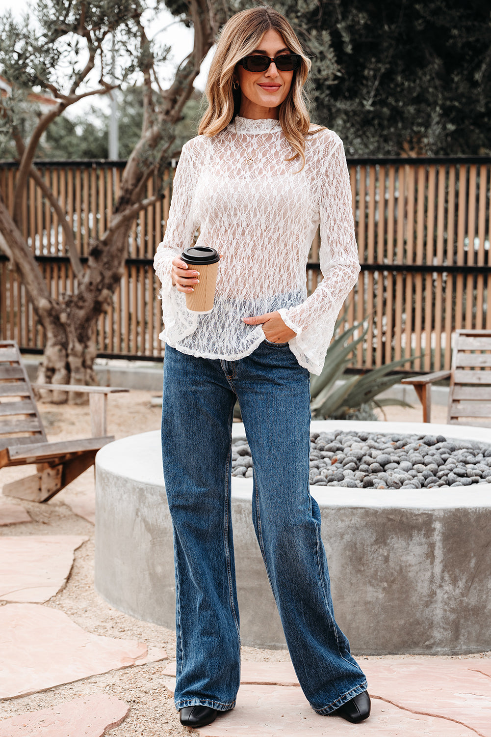White Sheer Lace Long Sleeve Mock Neck Top