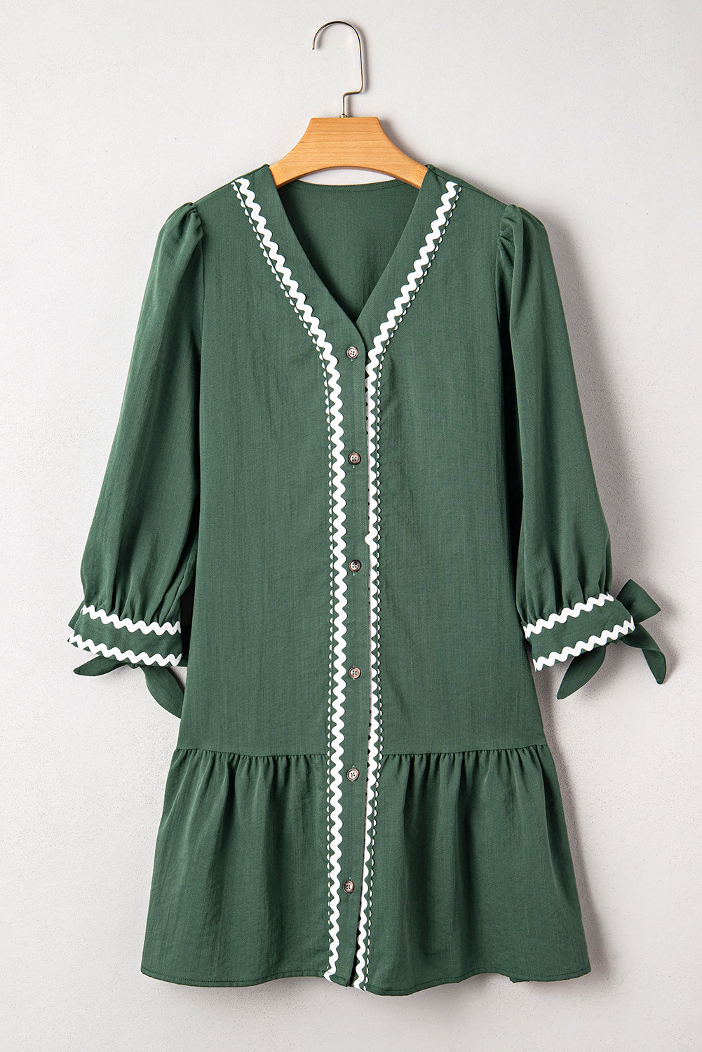 Contrast Ricrac Trim V Neck Button Shift Dress