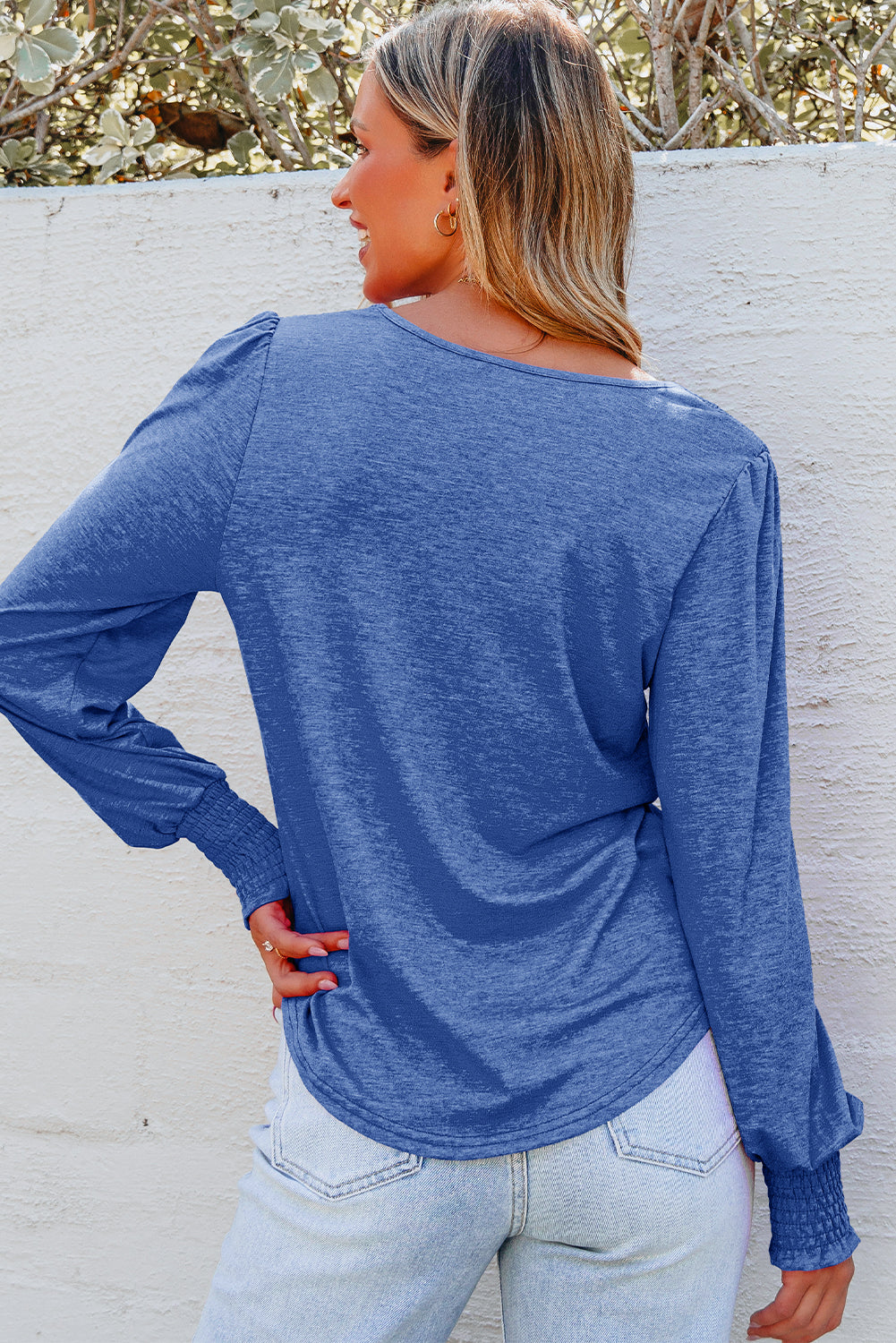 Shirred Shoulder Frilled Cuffs Long Sleeve Top