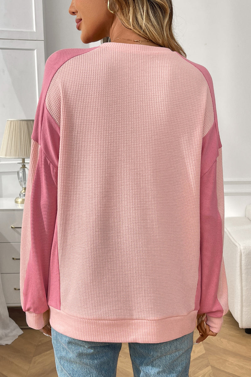Colorblock Waffle Knit Crewneck Long Sleeve Top