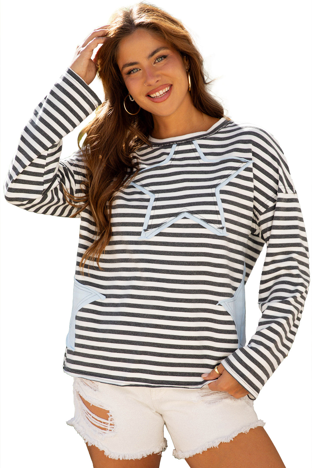 Gray Stripe Knit Top with Star Patch Detail