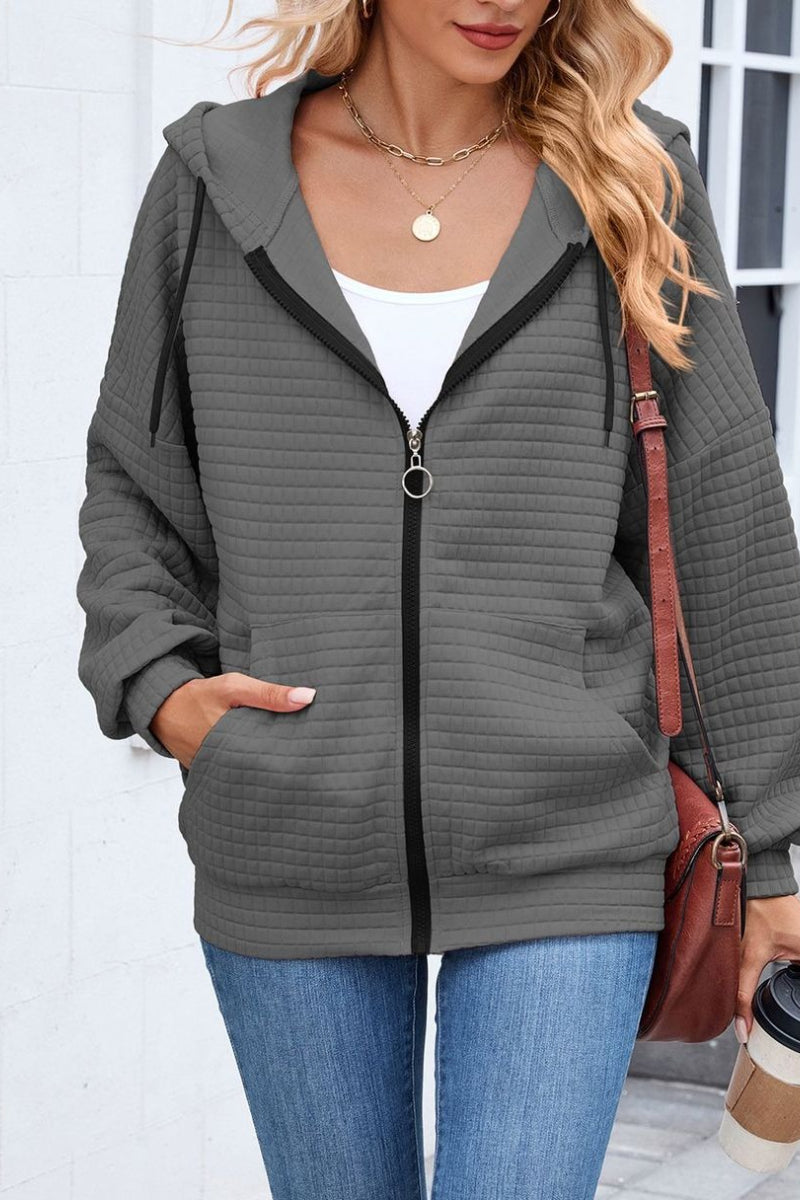 Quilted Zip-Up Hoodie Casual Long Sleeve Sweatshirt