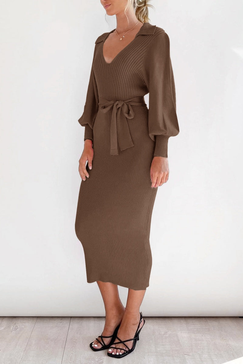 Elegant V Neck Lantern Sleeve Knit Belted Midi Sweater Dress
