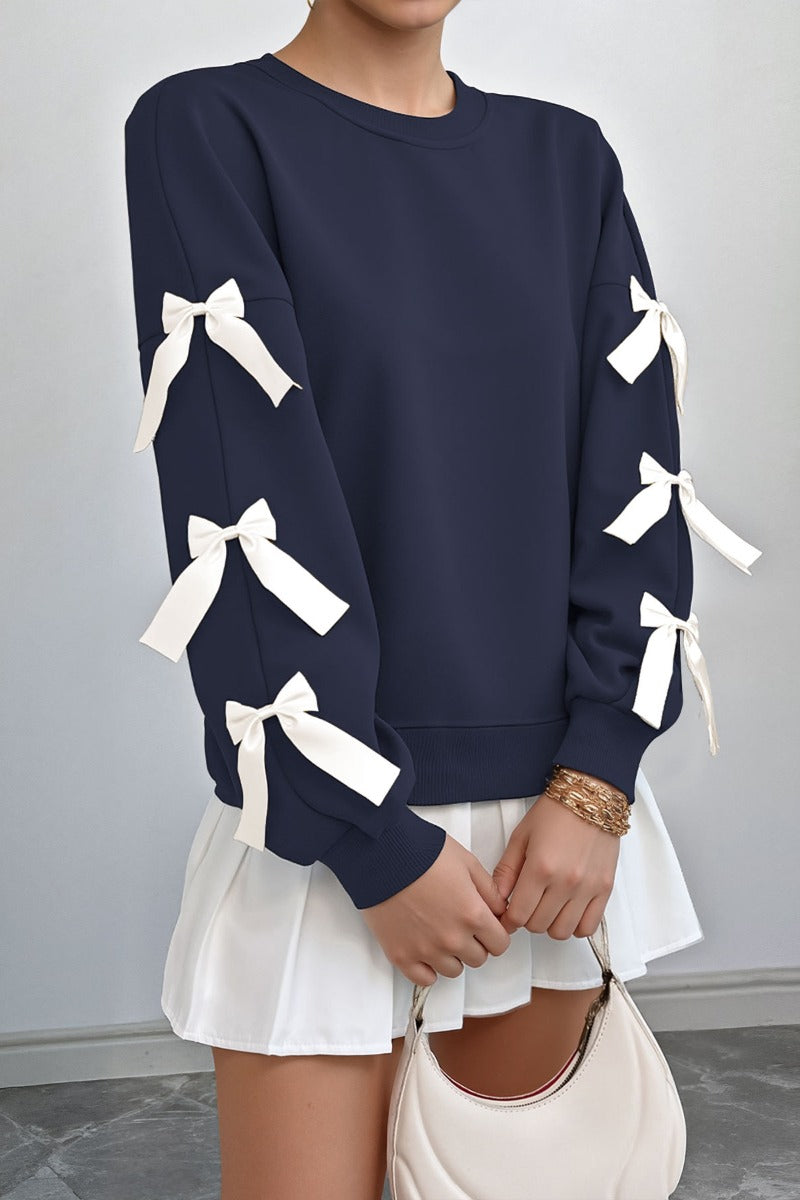Crew Neck Pullover Top 3D Bowknot Trim Loose Sweatshirts