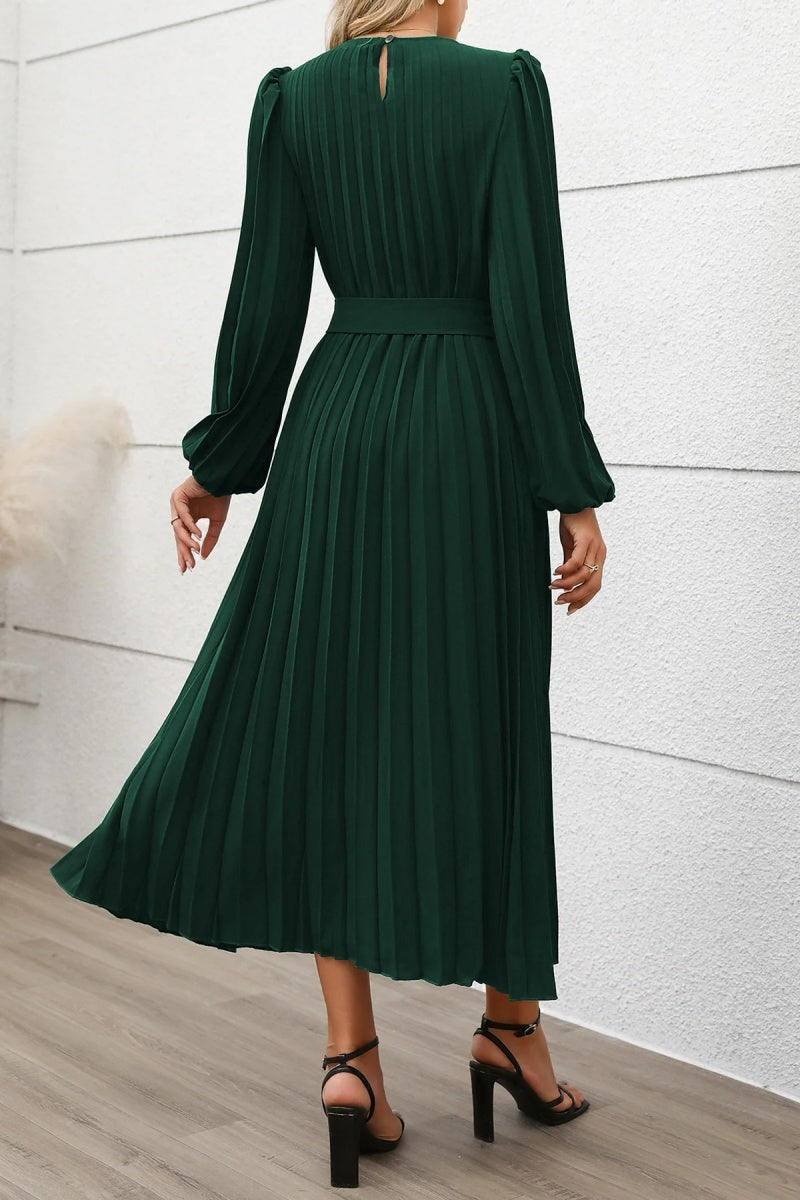 Elegant Fall Pleated Long Sleeve Belted Midi Dress
