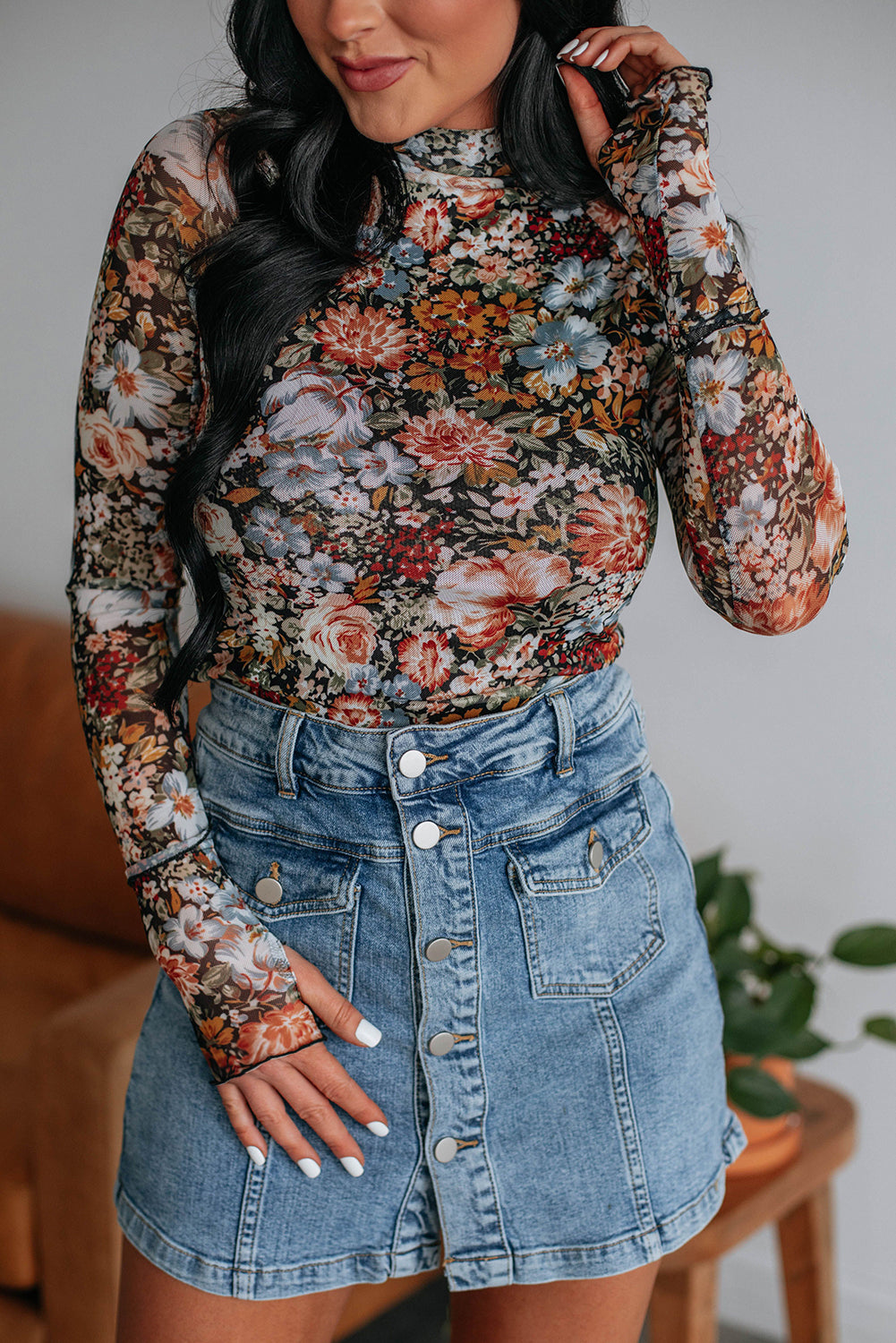 Brown Floral Mesh Long Sleeve Turtleneck Top