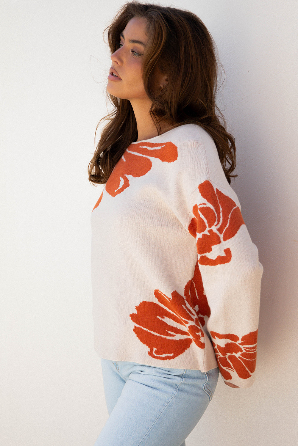 Bold Floral Pattern Wide Sleeve Oversized Sweater