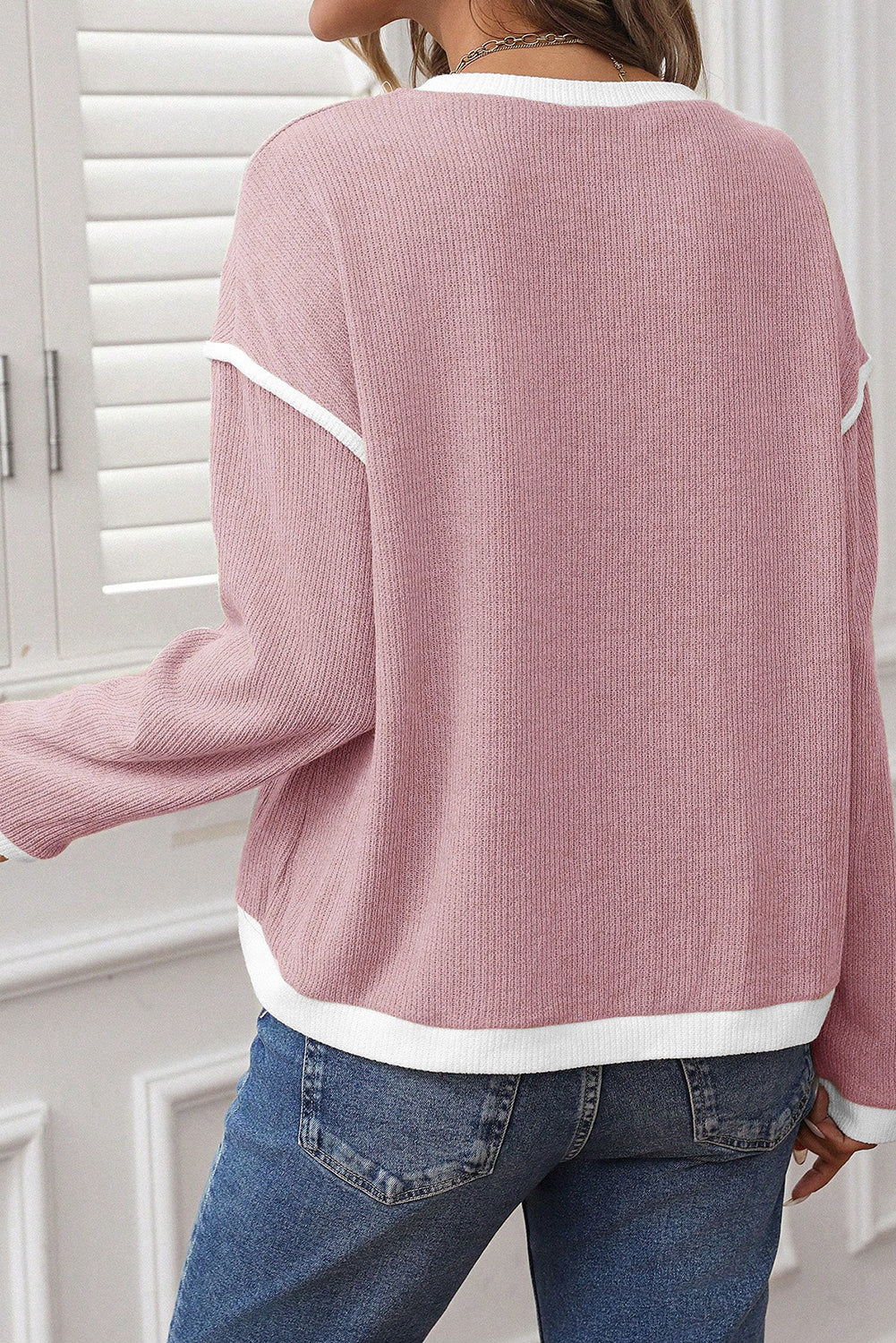 Beige Contrast Color Trim Knit Drop Shoulder Loose Top