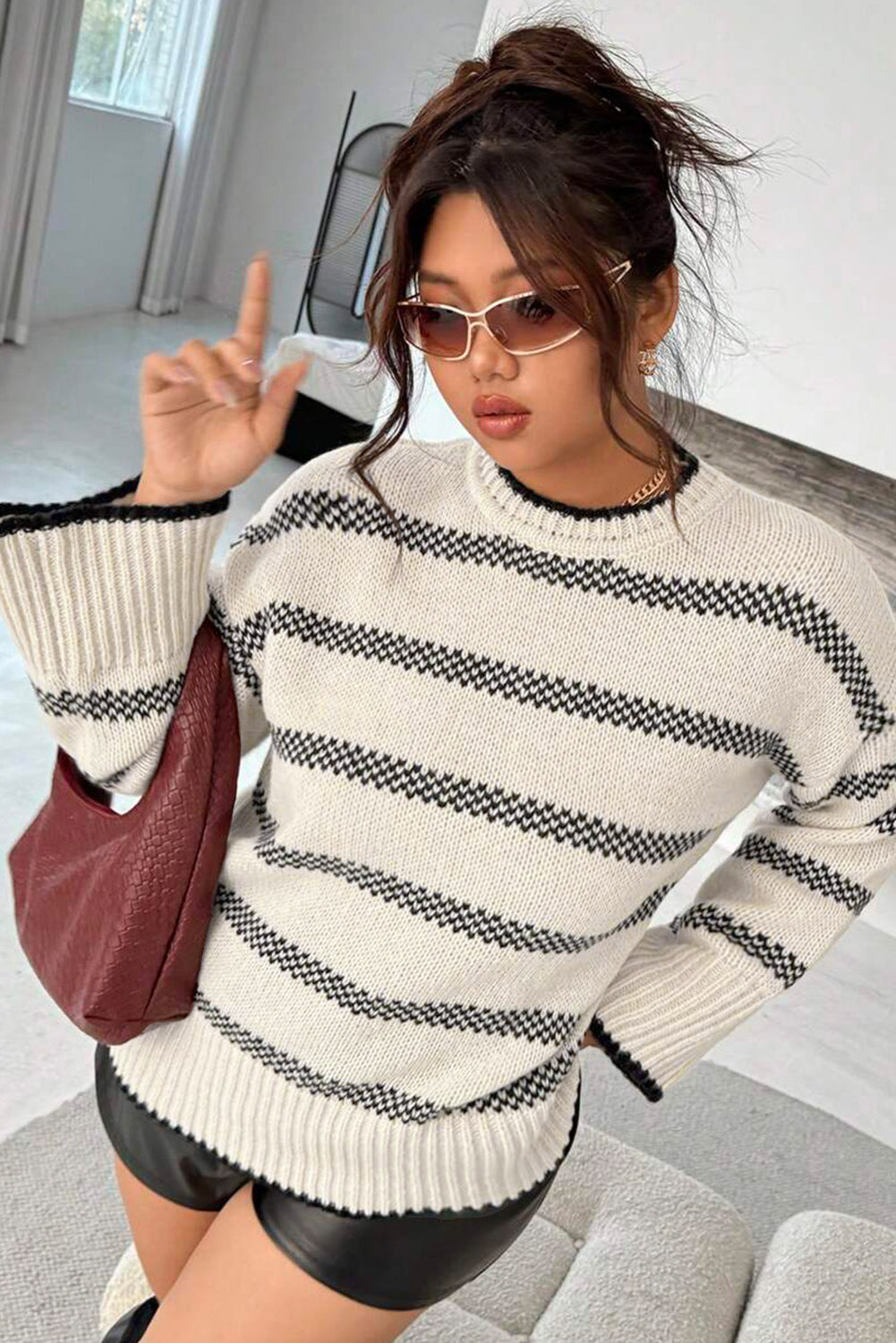 Apricot Stripe Drop Shoulder Crew Neck Knit Sweater