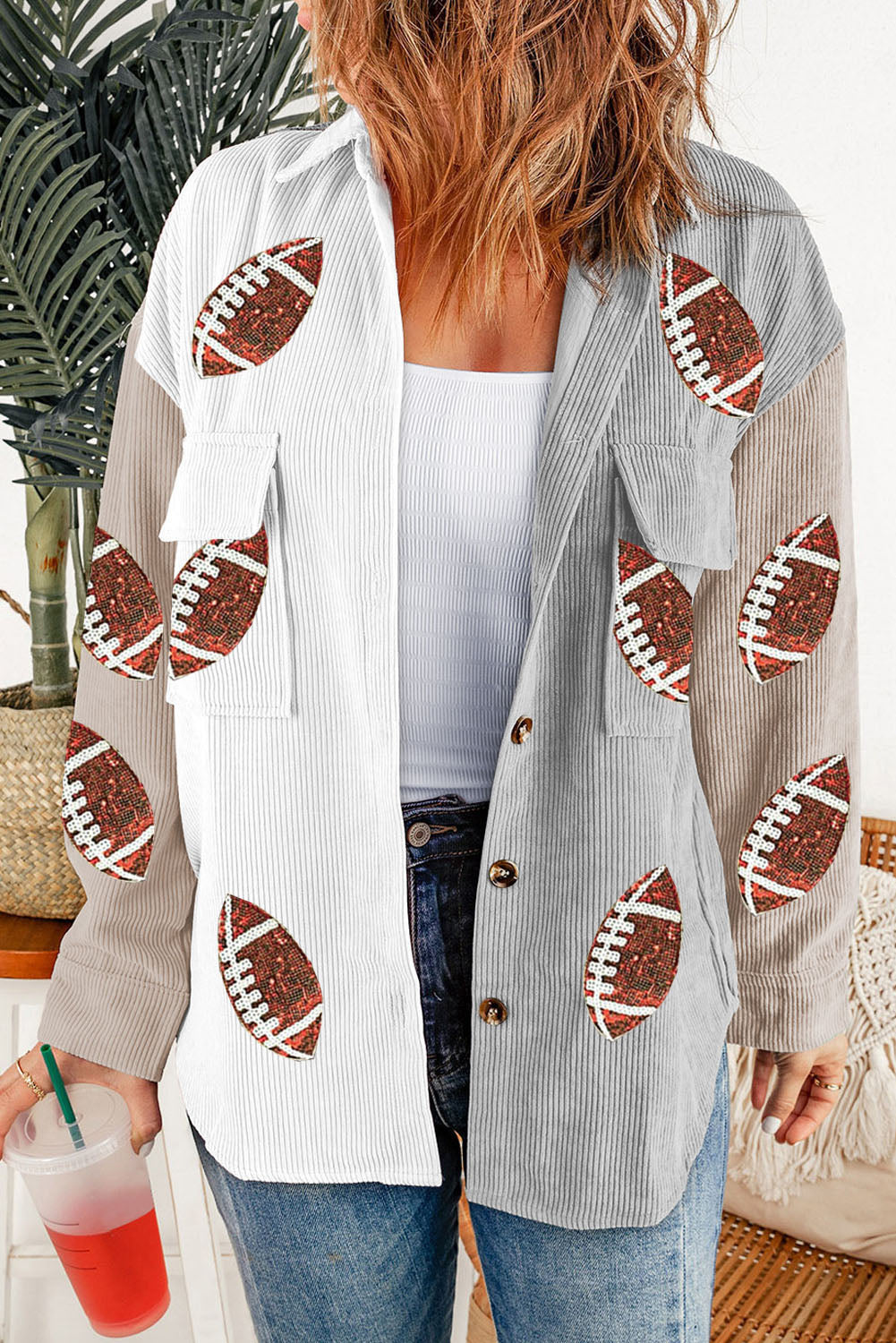 White Sequin Football Print Corduroy Shacket for Thanksgiving