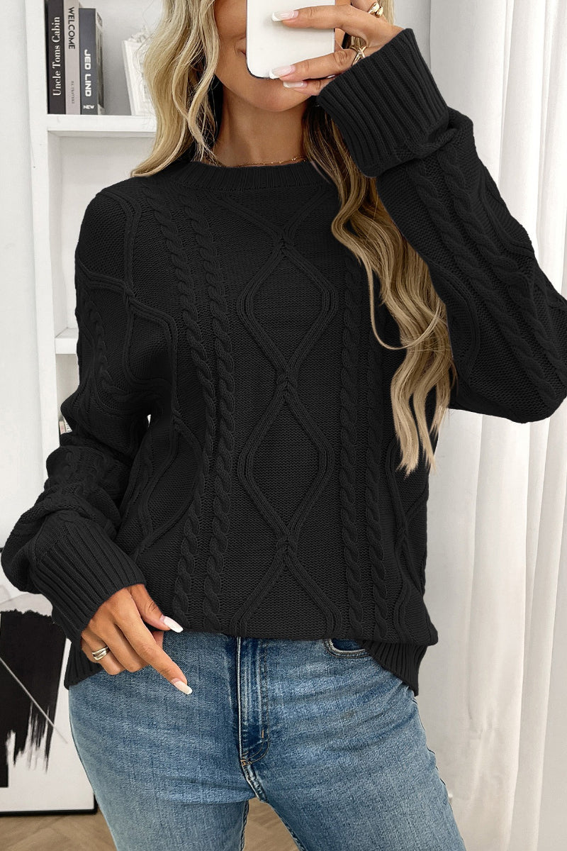 Women Cable Knit Crew Neck Pullover Sweater