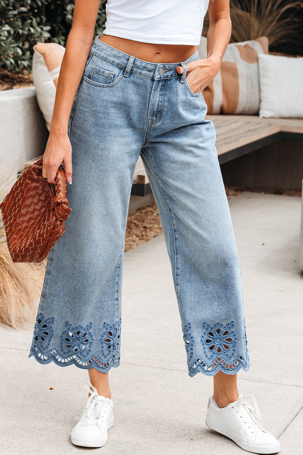 Embroidered Eyelet Wide Leg Cropped Jeans