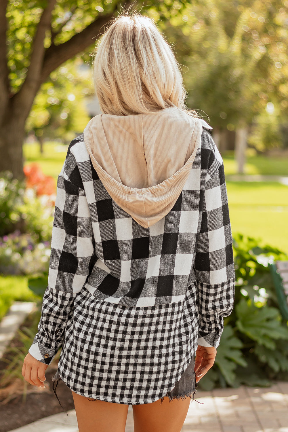 Casual Plaid Hoodie Drawstring Button Shacket