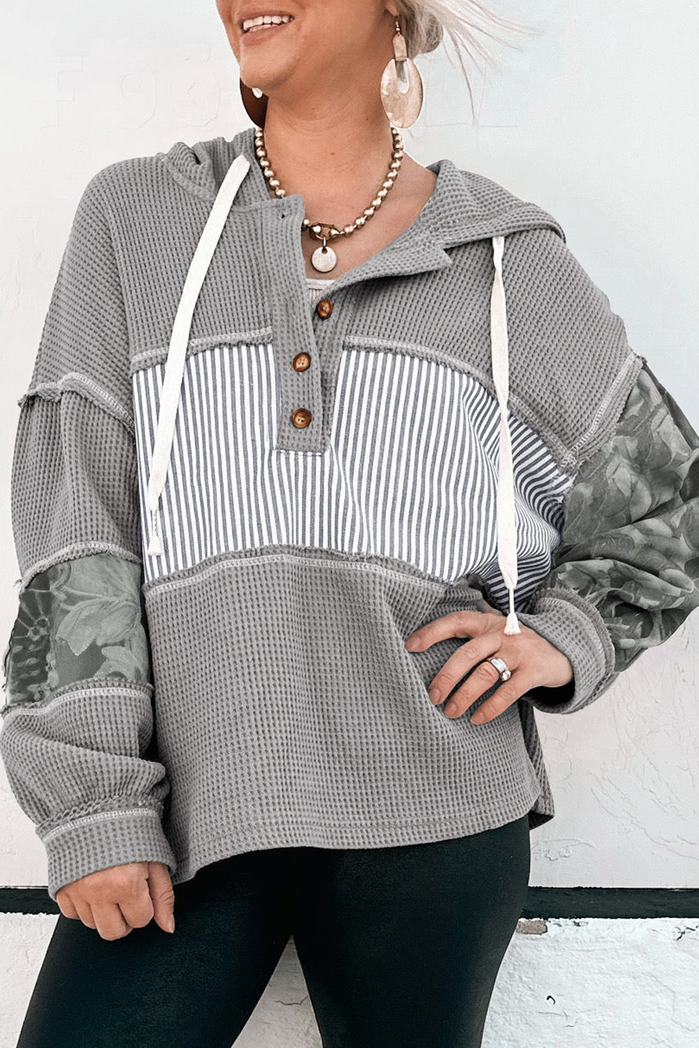 Waffle Patchwork Stripe Print Hooded Long Sleeve Top