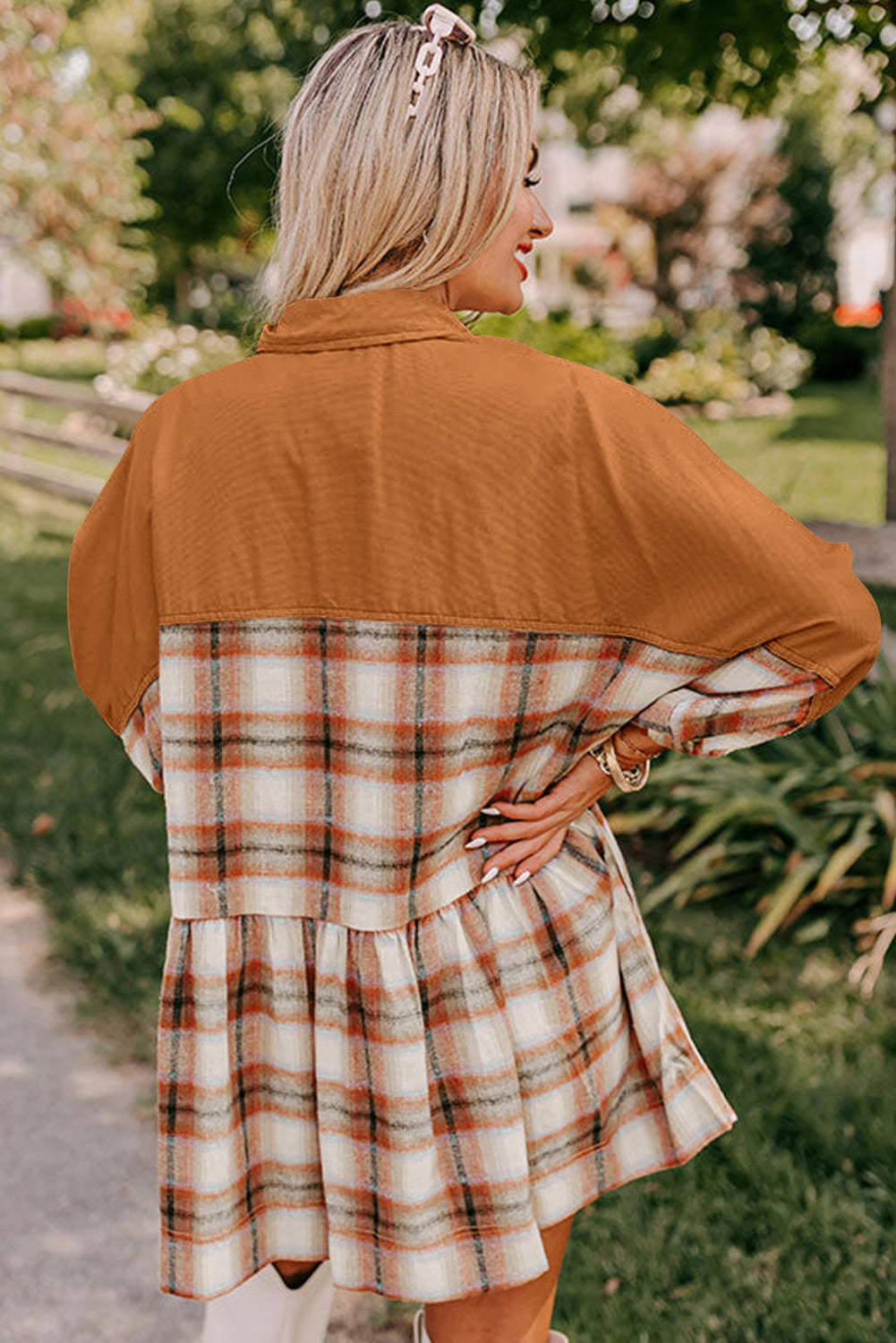 Plaid Color Block Button Up Tunic Shirt Dress